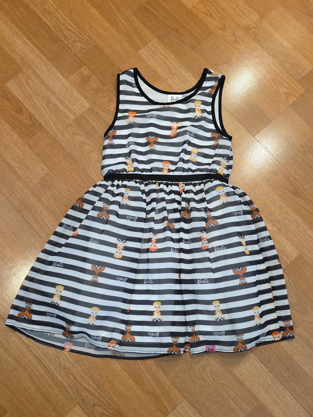 Girls Black & White Striped Sleeveless Dress with Character Print